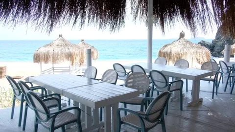 Summer arbors on beach Stock Footage 81800184