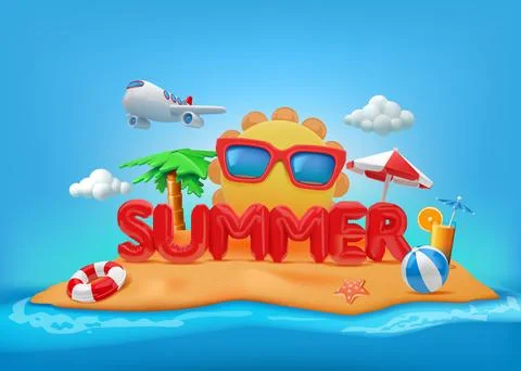 Summer background. 3D sand beach. Sea island. Sun and fun holiday elements Stock Illustration