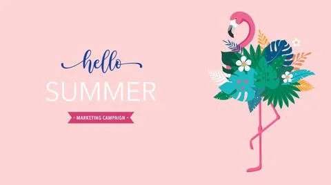 Summer background and concept design, Pink flamingo with jungle exotic leaves Stock Illustration