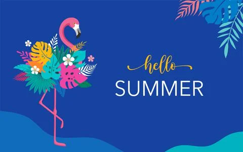 Summer background and concept design, Pink flamingo with jungle exotic leaves 스톡 일러스트
