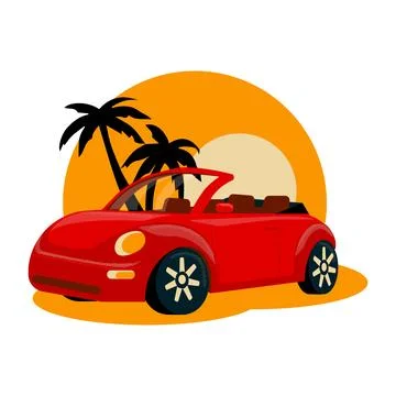 Summer background with auto, sea, beach, palm trees. Rest and relaxation Stock Illustration