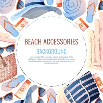 Summer background with beach accessories. Beach frame made of straw bag, ha.. Stock Illustration