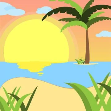 Summer background, of beach at sunset with waves, clouds and palm tree on the Stockillustratie