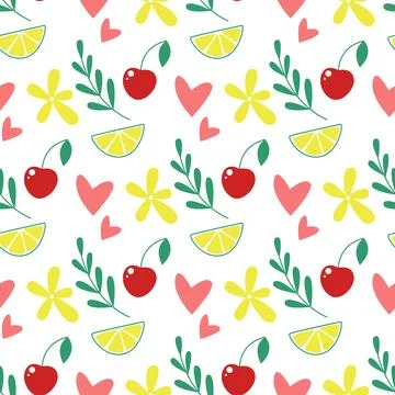 Summer background with cherry, lemon, flowers and herbs seamless pattern Stock Illustration