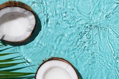 Summer background with coconuts on water background with water splashes. Cr.. Stock Photos