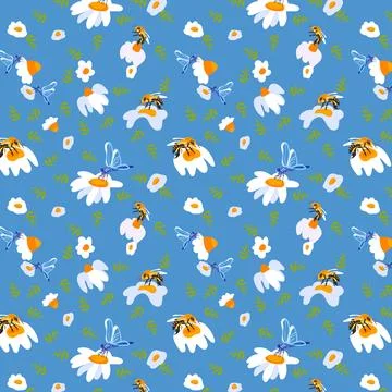 Summer background daisy bee Light blue seamless pattern spring white meadow Stock Illustration