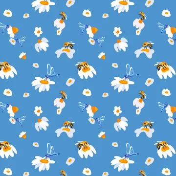 Summer background daisy bee Light blue seamless pattern spring white meadow Stock Illustration