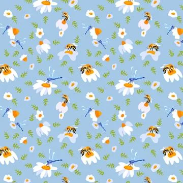 Summer background daisy bee Light blue seamless pattern spring white meadow Stock Illustration