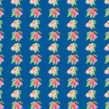 Summer background daisy bee turquoise backdrop summer pink meadow flowers Illustrazione stock