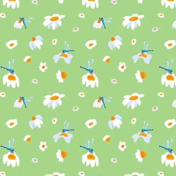 Summer background daisy dragonfly seamless pattern spring Blooming wildflower 스톡 일러스트