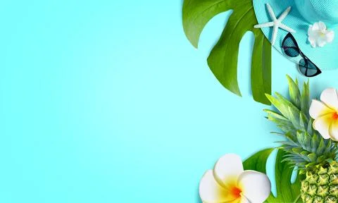 Summer background design concept. Top view with starfish, pineapple, hat, sun Stock Photos