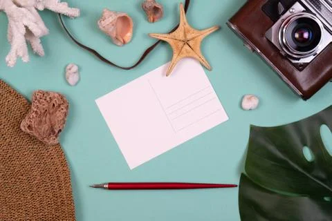 Summer background. Flat lay, top view 写真素材