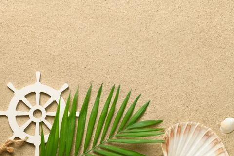 Summer Background with Green Palm Leaf, Decorative Ship Steering Wheel and Sh Stock Photos