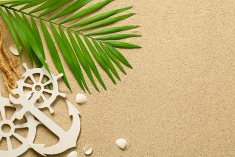 Summer Background with Green Palm Leaf, Decorative Anchor and Ship Steering W Stock Photos