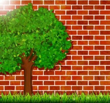 Summer background with green tree, grass and brick wall Stock Illustration