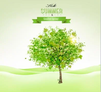 Summer background with a green tree. vector. Stock Illustration