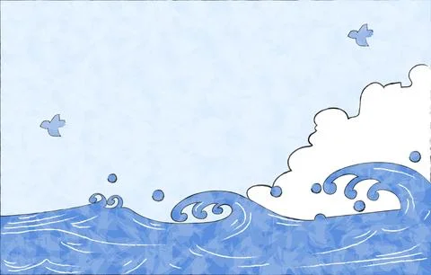 Summer background material, sea, approaching clouds, blue sky and seagulls Stock Illustration