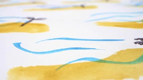 Summer background. palm tree, wave and sand painted on a sheet of white paper Stock Footage 146331681