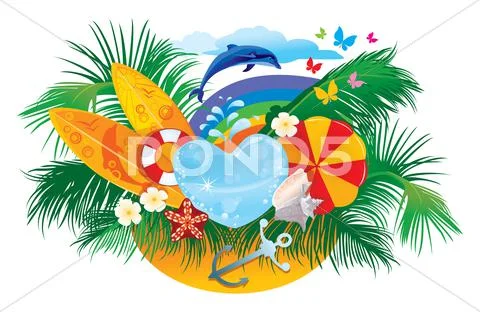 Summer background with palms, shells, surfboards, rainbow and dolphin Stock Illustration