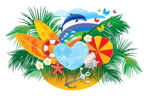 Summer background with palms, shells, surfboards, rainbow and dolphin 스톡 일러스트
