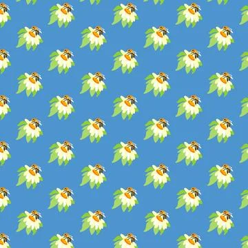 Summer background peonies bee Blue seamless pattern spring white green meadow Stock Illustration