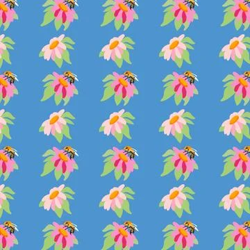 Summer background peonies bee Blue seamless pattern spring pink meadow flower Stock Illustration