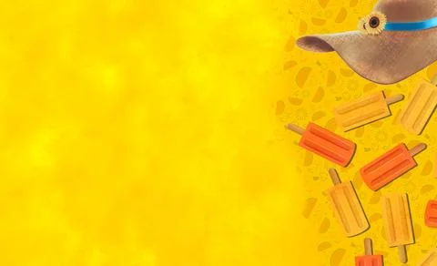 Summer Background with Popsicles and Straw Hat on Yellow Texture Stock-Illustration