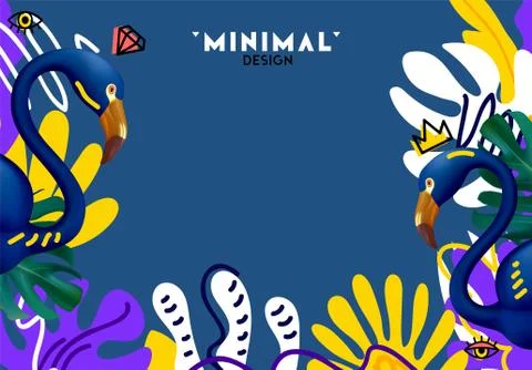 Summer background with realistic 3d dark blue flamingo, lush palm leaves in d Illustrazione stock