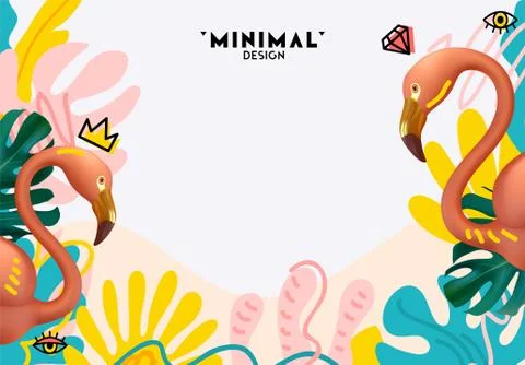 Summer background with realistic 3d pink flamingo, lush palm leaves in doodle Illustrazione stock