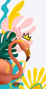 Summer background with realistic 3d pink flamingo, lush palm leaves in doodle Illustrazione stock