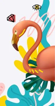 Summer background with realistic 3d pink flamingo, lush palm leaves in doodle Illustrazione stock