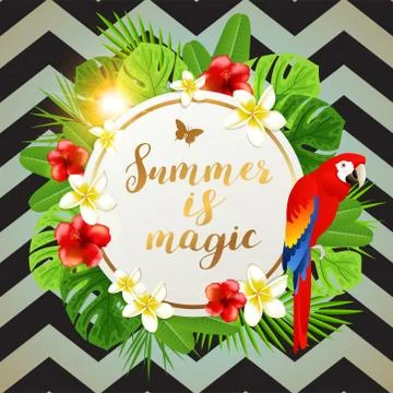 Summer background with red parrot 库存插图