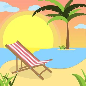 Summer background with red white lounger, of beach at sunset with waves, clouds Stockillustratie