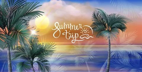 Summer background. Sea beach vacation banner design. Summertime trip lettering Stock Illustration