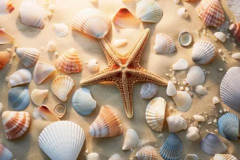 Summer background. Sea shells and starfish on beach. Summer vacation concep.. Stock Photos