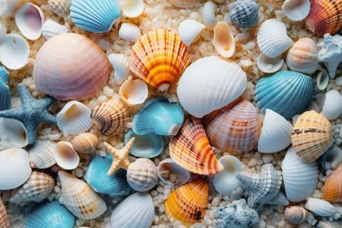 Summer background. Sea shells on beach. Summer vacation concept. Collection.. Stock Photos