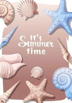 Summer background with sea shells, clams, starfish on the sand. Postcard, b.. Stock Illustration