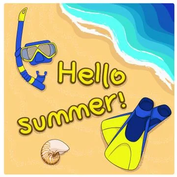 Summer background with shell, flippers and mask on sand. Stock Illustration
