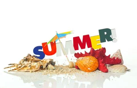 Summer background with shells on sand Stock Photos