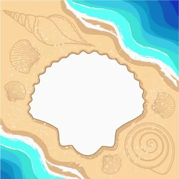 Summer background with shells, waves and frame for your text. Stock Illustration