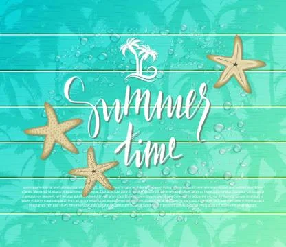 Summer background with starfish and drops on wooden board . Vector illustrati Illustrazione stock