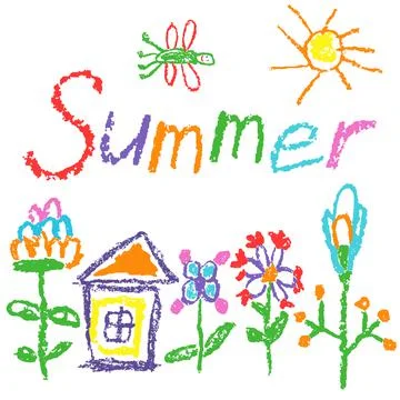 Summer background with sun, house, tree, blossom flowers, grass Stock Illustration