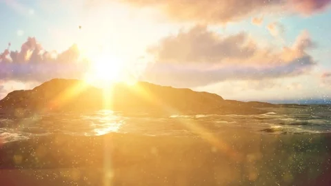 Summer background with sun rays and island Stock Footage 108851641
