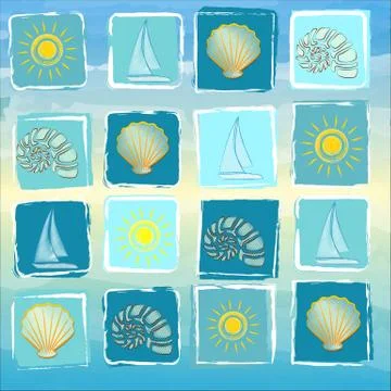 Summer background with suns, boats, shells and conchs in squares Stock Illustration