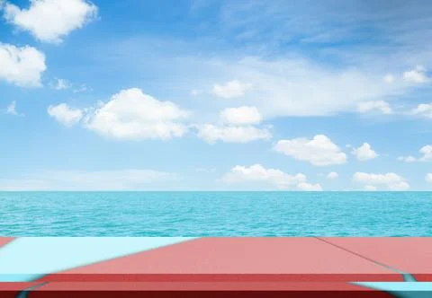 Summer background table cement on sea blue ,coast island scene mockup Stock Photos