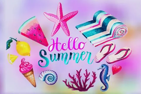 Summer background with the text: Hello Summer. Banner, background, poster, gr Stock Photos