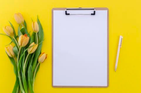 Summer background top view of yellow tulips on white table with clipboard and Stock Photos