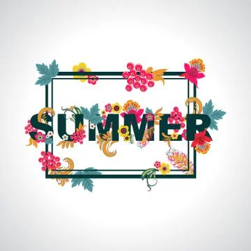 Summer background with typography design with leaves and flowers. Stock-Illustration