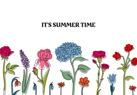 Summer background. Vertical banner design with line drawing colorful flowers Stock Illustration