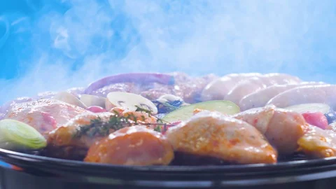 Summer Backyard BBQ Grill with Hot Burning Coal Fire Shot 13 Stock Footage 128179710